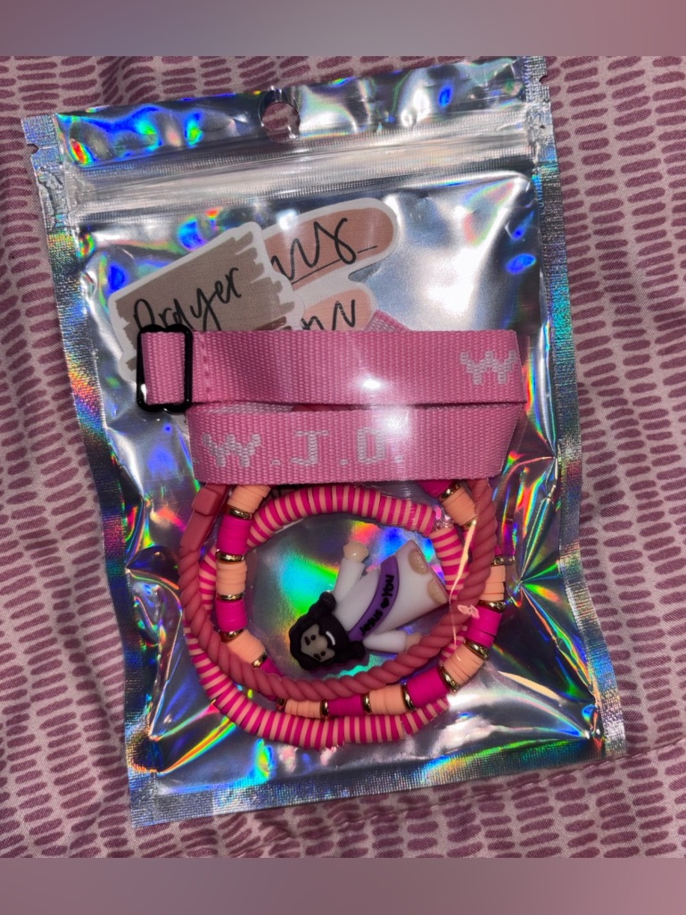 4 piece bracelet set, 1 tiny Jesus, 2 stickers-pink orange (sherbet)